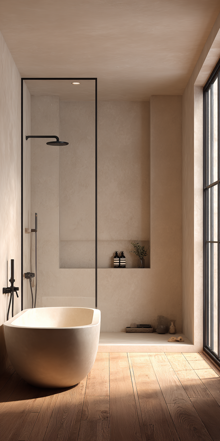 stalen-douchepaneel-op-maat-met-glas-zwarte-poedercoating-vida-doors-stucco-badkamer-aesop